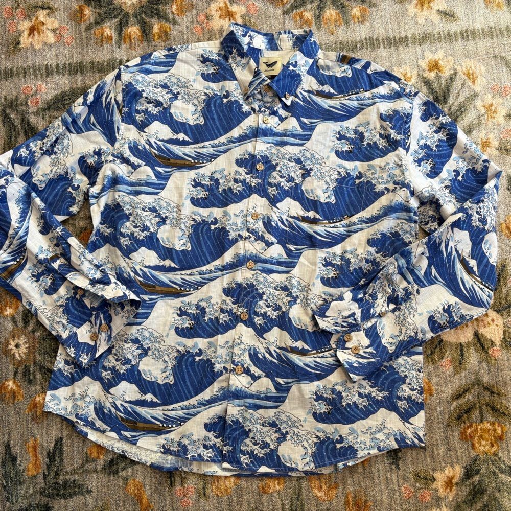 Yiume Shirt Mens 3XL Sea Ocean Waves Long Sleeve Shirt AOP Hawaiian All Over